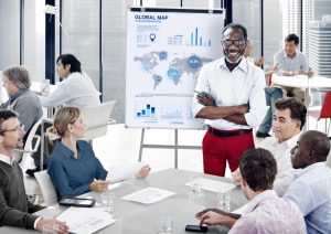 Workshop with a global map and charts